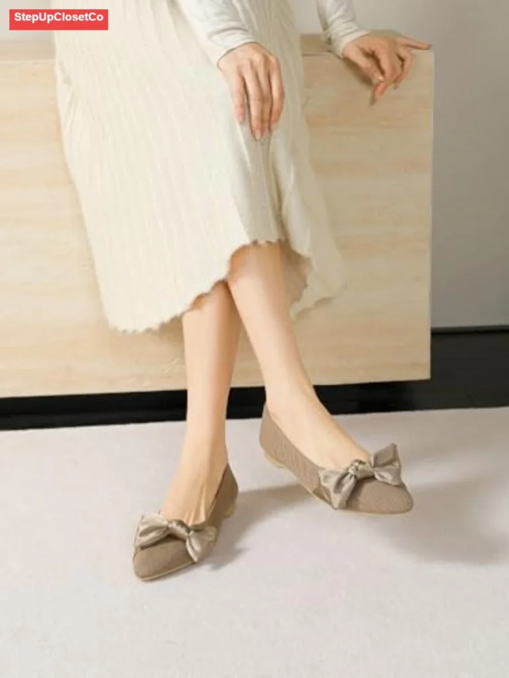Pointed Toe Knit Mary Jane Ballet Flats Slip-On Shoes with Arch Support
